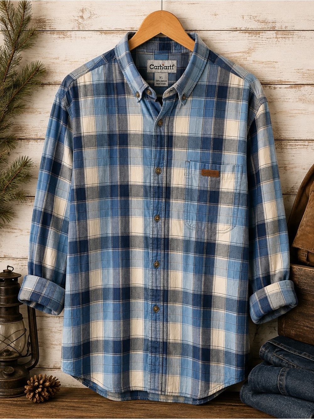 Carhartt Men’s XL Blue Plaid 100% Cotton Button Down Work Shirt